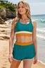 Teal Colorblock Zipper Back Sporty Bikini Top with Boy Short Set