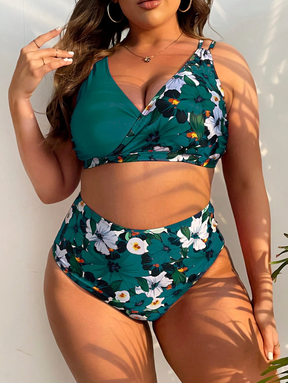 Contrast Floral Wrap Plus Size Bikini Set - main-02