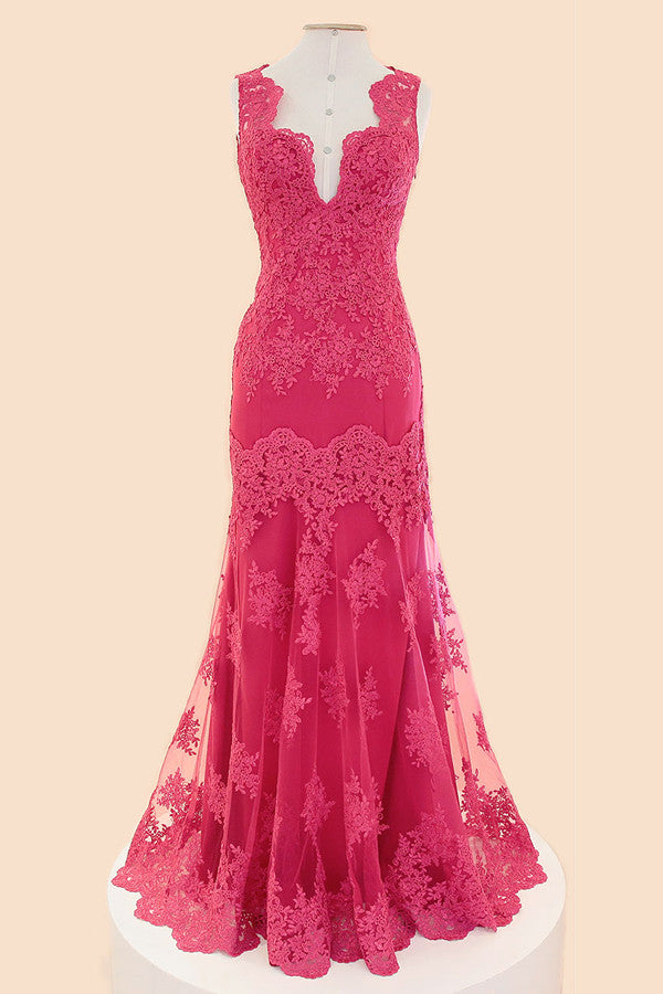 Deep V-neck Fuchsia Mermaid Long Lace Prom Dress ED1032