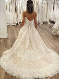 A Line Spaghetti Straps Ivory Sweep Train Wedding Dress with Lace Bowknot OKR13