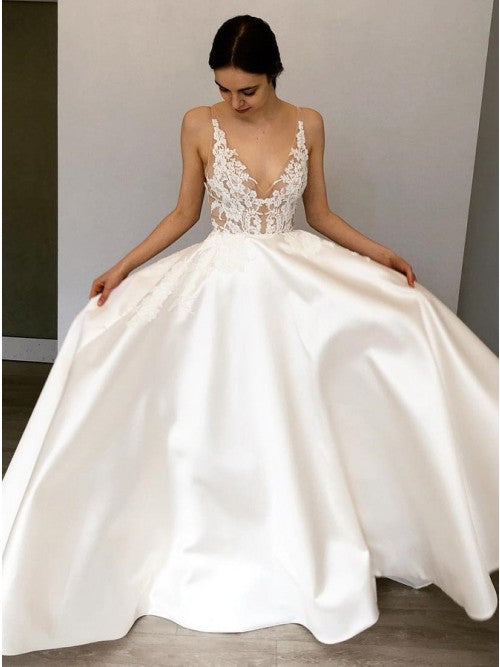 A Line Deep V-Neck Floor-Length Satin Wedding Dresses with Lace Appliques OKR42