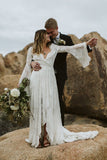 A-Line V-Neck Bell Sleeves Sweep Train Lace Wedding Dresses with Split OKM23