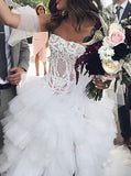 A-Line Strapless Asymmetric Ruffles Wedding Dresses with Appliques OKF87