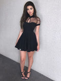 Cute A Line Short Sleeves Black Homecoming Dress, Little Black Dress OKM65