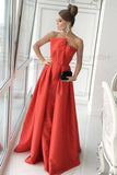Simple A Line Strapless Long Satin Prom Dress Formal Evening Dress OKS54