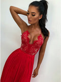 A-Line Spaghetti Straps Red Chiffon Prom Dress with Lace Split OKL33