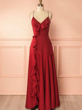 Mermaid Spaghetti Straps Red Satin Prom Dress with Ruffles OKG99