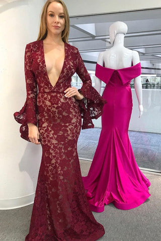Burgundy Mermaid Deep V-Neck Long Sleeves Lace Prom Dress OKL88
