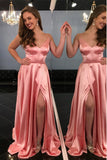 A-Line Spaghetti Straps Sweep Train Pink Prom Dresses with Split OKN18