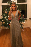 Popular V-Neck Long Silver Prom Dress with Beading Sequin Evening Dress OKS76