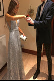 Popular V-Neck Long Silver Prom Dress with Beading Sequin Evening Dress OKS76