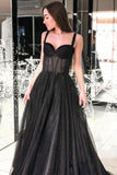 A-Line Spaghetti Straps Long Prom Dress Sleeveless Black Evening Dress OKS78