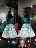 Cute A-Line Two Piece Turquoise Short Homecoming Dresses with Beading OKD41