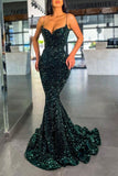 Dark Green Sequins Prom Dress Mermaid Evening Gowns With Spaghetti Straps OK1283