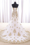 Sweep Train Mermaid Strapless White Long Prom Dress With Gold Lace K709