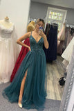 New Arrival Tulle Beaded Long A line Prom Dress Spaghetti Straps Evening Party Dress OK1389