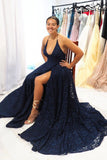 Elegant A Line Halter Navy Blue Long Backless Lace Prom Dress with Slit OK1037