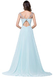 Light Sky Blue Backless Chiffon  Long Beaded Prom Dress OK1