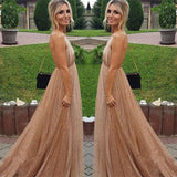 A-line Spaghetti Straps V-neck Sexy Backless Sequins Prom Party Dress OKF32