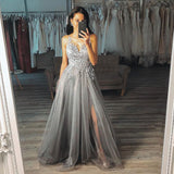 Grey A Line V Neck Long Appliques Tulle Prom Dresses OKP66