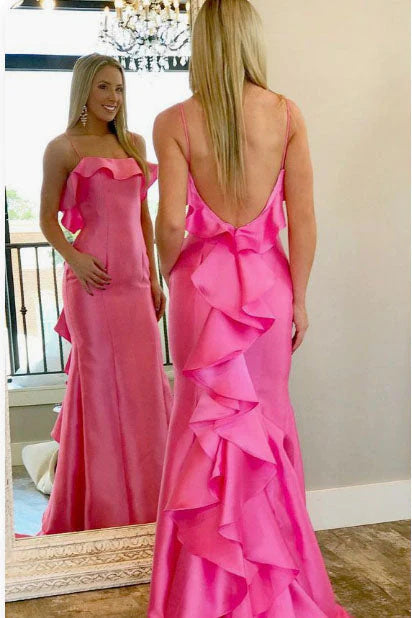 Gorgeous Hot Pink Satin Mermaid Long Prom Dress With Ruffles, Formal Evening Dress OK1962