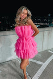 Hot Pink Strapless Tiered Short Homecoming Dresses, Cute A Line Sweet 16 Dress OK1439