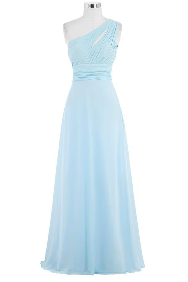 Light Sky Blue One Shoulder Long Chiffon Plus Size Cheap Prom Dress K749