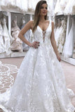 Elegant A Line V-Neck Sleeveless Lace Affordable Long Wedding Dress OK1154