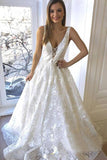 Elegant A Line V-Neck Sleeveless Lace Affordable Long Wedding Dress OK1154