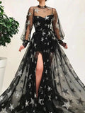 Popular Black Illusion Star Printed Long Sleeves Tulle A-line Prom Dress OKT50