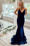 Navy Blue Beaded V-Neck Backless Mermaid Long Prom Dress Evening Gown OK1894