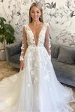 A-Line Floral Appliques Off White Plunging Neck Long Sleeves Backless Wedding Dress OK1906