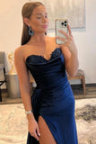 Navy Blue Sweetheart Sheath Long Prom Dress with Slit Evening Party Dresses OK1897