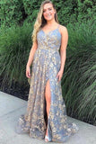 A Line Spaghetti Straps Lace Long Prom Dress Popular Evening Dress Fashion Formal Dress OKZ3