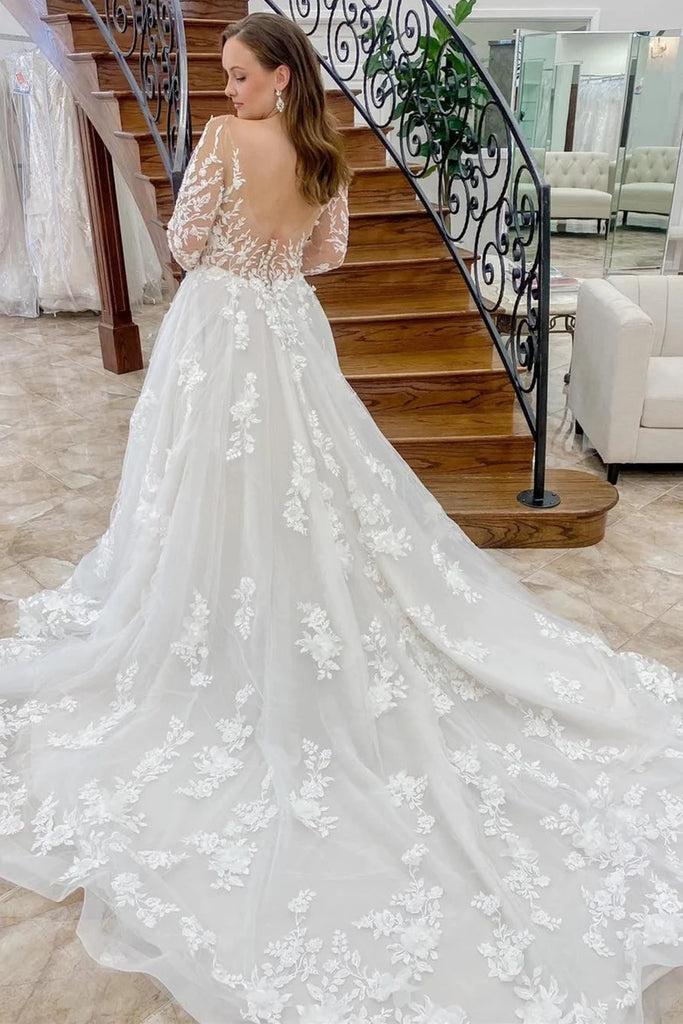 Off White Appliques Long Sleeves Backless A-Line Tulle Long Wedding Dress OK1910