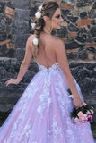 Unique Backless A-Line Tulle Long Prom Dress Lace Appliques Evening Dress OK1238