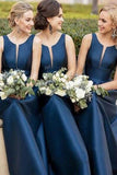 Chic A-Line Satin Navy Blue Bridesmaid Dress with Illusion V Inset OKN2