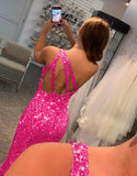 Mermaid Glitter One Shoulder Open Back Prom Dress With Slit Sequins Evening Dress OK1362