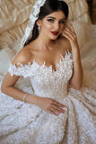 A Line Off The Shoulder Tulle Wedding Dress With Lace Applique OKE66