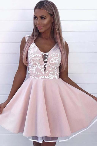 Fashion A-Line V Neck Sleeveless Pink Appliques Short Homecoming Dress OKD83