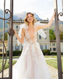 Deep V-neck Popular Bridal Gowns, Lace Elegant Beach Wedding Dresses OK1983