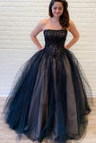 Ball Gown Strapless Lace Up Back Black Lace Appliques Prom Dress Sweet 16 Dress OKT62