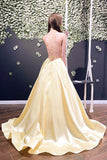 A-line Spaghetti Straps Cross Back Daffodil Satin Long Prom Dress with Train Party Dress with Pockets OKT60