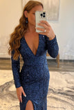 Navy Blue V-neck Mermaid Long Sleeves Sequin Prom Dress OK1316