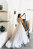 Romantic A Line Cap Sleeves Tulle Lace Appliques Long Wedding Dress OK1165