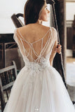 Romantic A Line Cap Sleeves Tulle Lace Appliques Long Wedding Dress OK1165