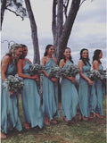 A-Line Cross Neck Backless Ankle-Length Blue Keyhole Chiffon Bridesmaid Dress OKR31