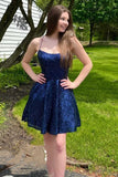Dark Blue Sequins Spaghetti Straps A-Line Short Homecoming Dress OK1494