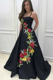 Black A-line Satin Spaghetti Straps Floral Appliques Prom Dress Evening Dress OKT92