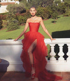 Red Tulle Strapless Split Front Ruffles Long Prom Evening Dresses OK1998